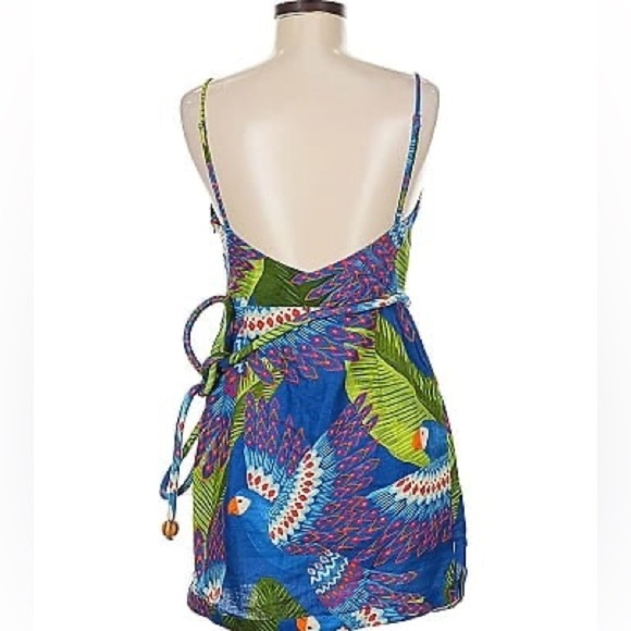 FARM RIO Blue Macaw Print Linen Mini Wrap Dress Tropical Vacation - Picture 7 of 10